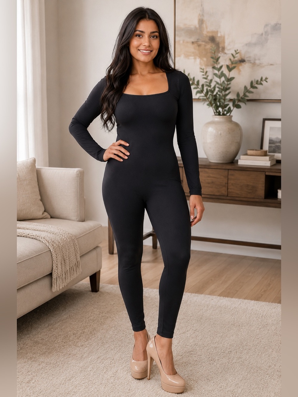 Chic Black Sculpting Bodysuit Jumpsuit Square Neck Stretch One-Piece Size Medium